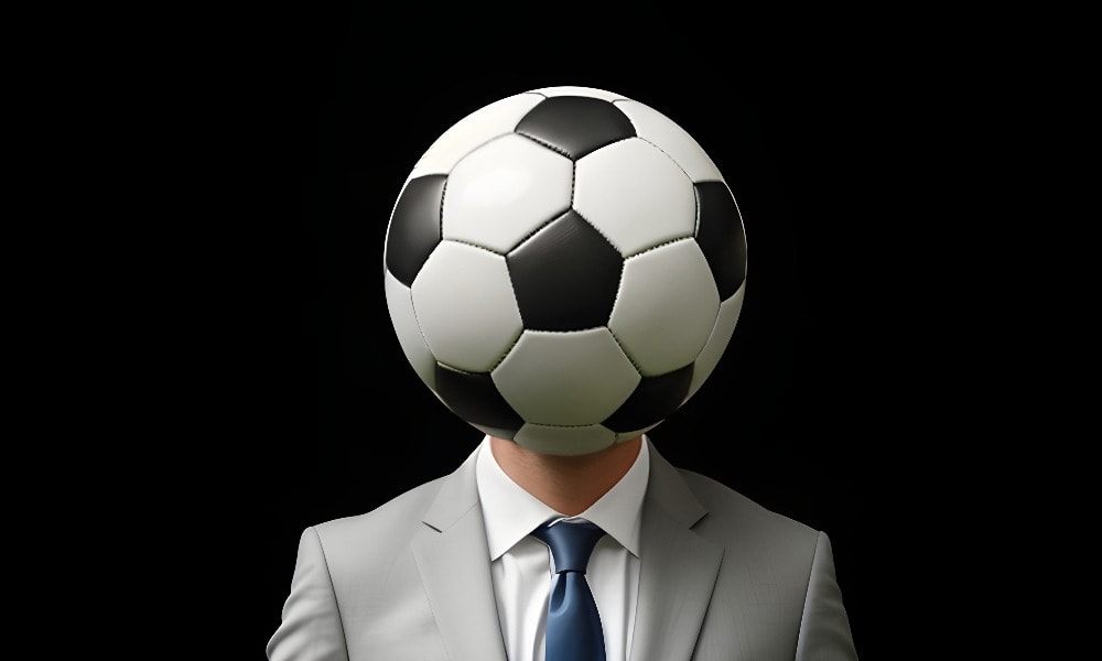 Mann im Anzug mit Fußballkopf auf schwarzem Hintergrund