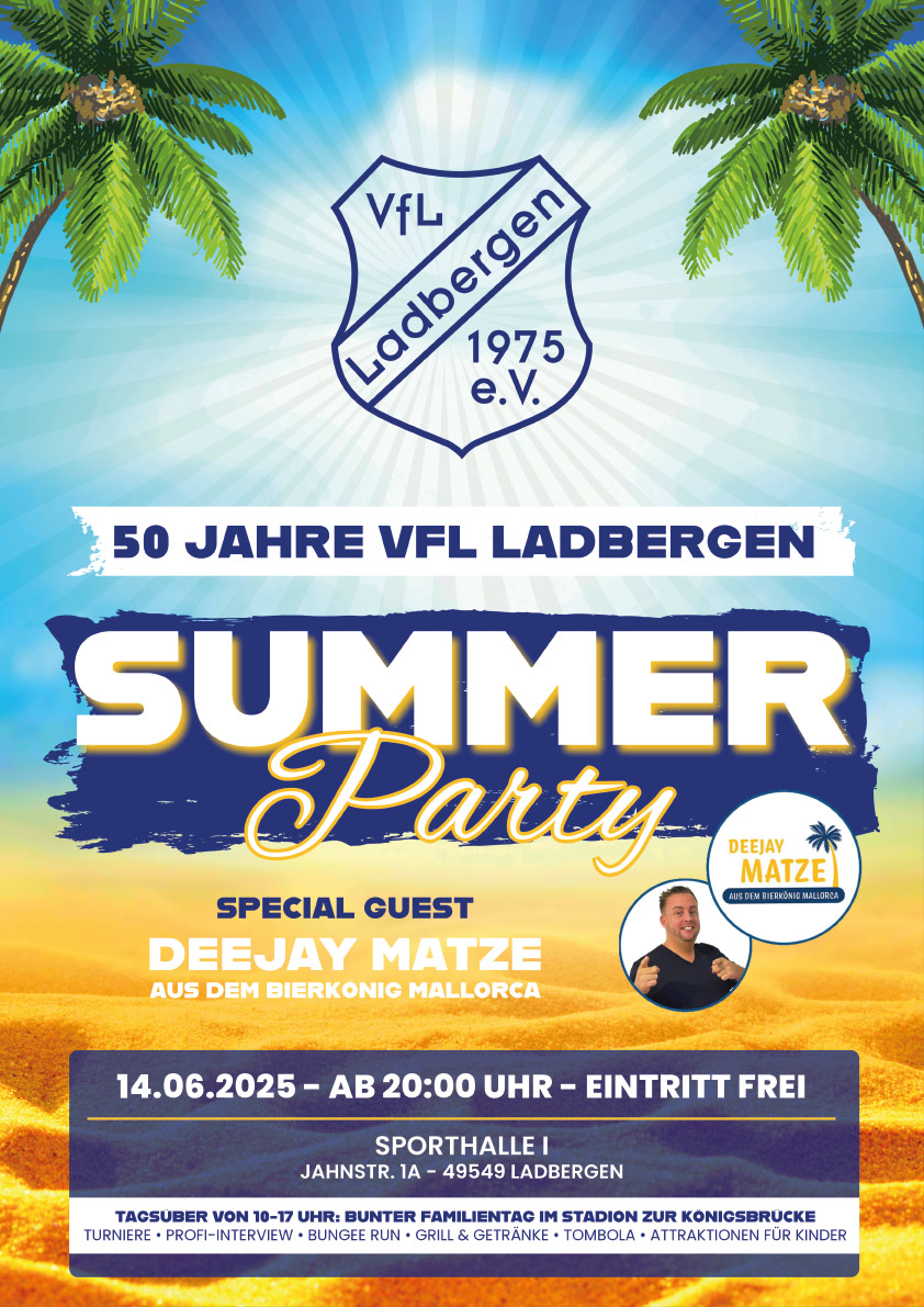 Plakat für Sommerfest mit DJ, tropischen Palmen, blauem Himmel und gelber Sonne.